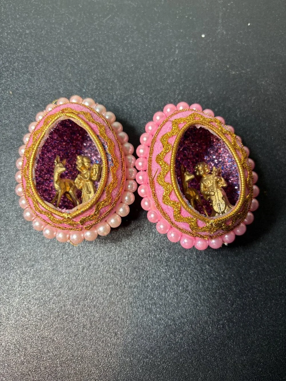 2 Vintage Flocked Pink Egg Diorama Christmas Ornaments